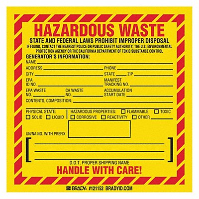 BRADY 121152 DOT Handling Label Waste 6 W PK100