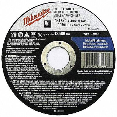 MILWAUKEE 49944500 Cutting Wheel 4-1/2 X.045 X7/8 Type 1