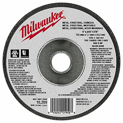 MILWAUKEE 49946300 Cutting Wheel 6 X.045 X7/8 Type 1