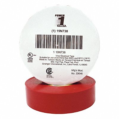 GRAINGER 19N738 Elec Tape 66 ft Lx3/4 in W 7 mil Red