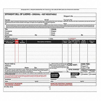 JJ KELLER 431 Bill of Lading Form Reg Compliance PK250