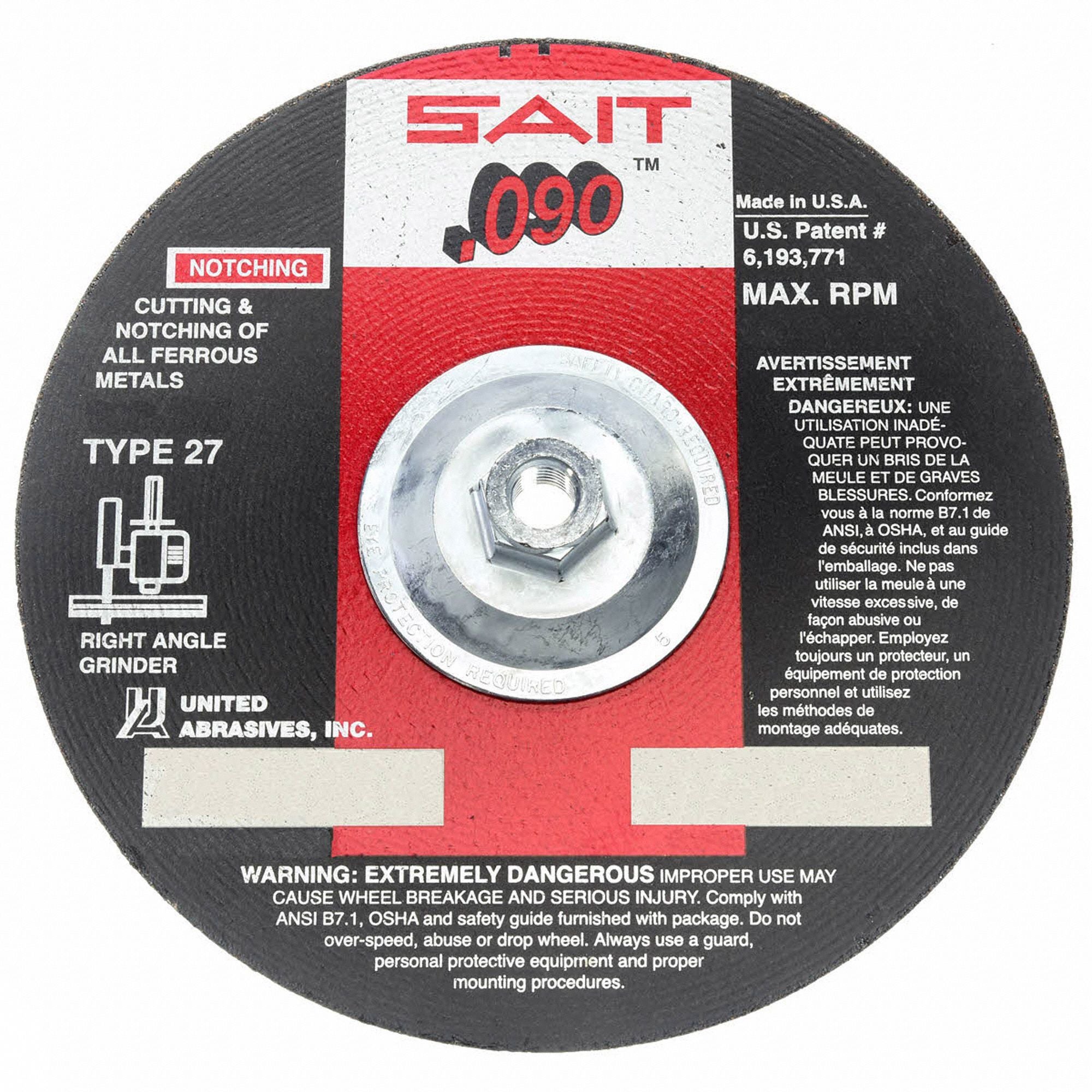 UNITED ABRASIVES-SAIT 20919 Depressed Centre Cut Off Wheel 5/8 -11CN ThreadHle