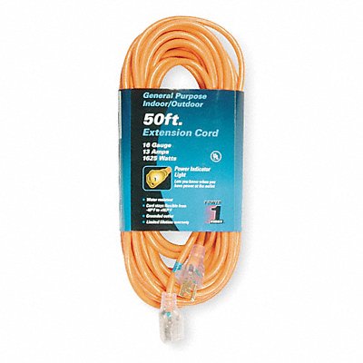POWER FIRST 1FD53 Lighted Extension Cord 50ft 16Ga 13A SJTW Orange