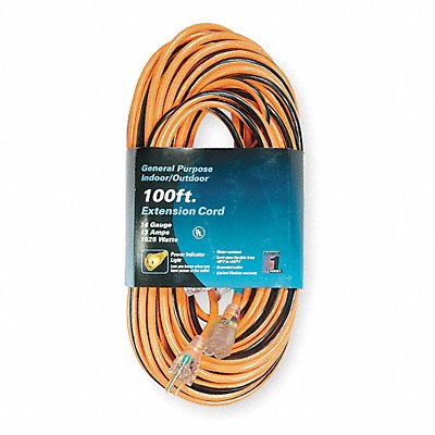 POWER FIRST 1FD56 Lighted Extension Cord 100ft 14Ga 13A SJTW Org/Blk