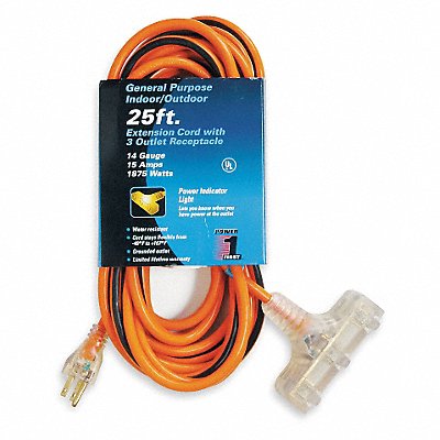 POWER FIRST 1FD65 Lighted Extension Cord 25ft 14Ga 15A SJTW Org/Blk