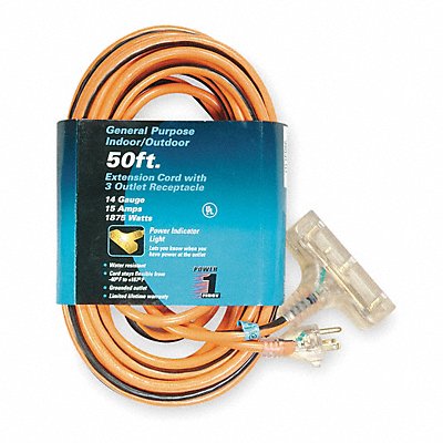 POWER FIRST 1FD66 Lighted Extension Cord 50ft 14Ga 15A SJTW Org/Blk