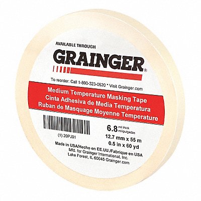 GRAINGER 20PJ01 Masking Tape 1/2 W 60 yd L Tan