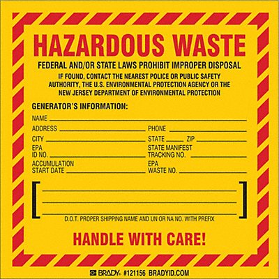 BRADY 121156 DOT Handling Label Waste 6 Label W PK50