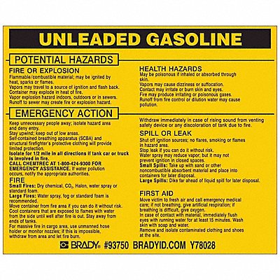 BRADY 93750 Chemical Label 3-3/4inHx4-1/2inW PK25