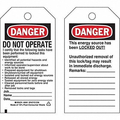 BRADY 65449 Danger Tag 5-3/4inHx3inW Cardstock PK25