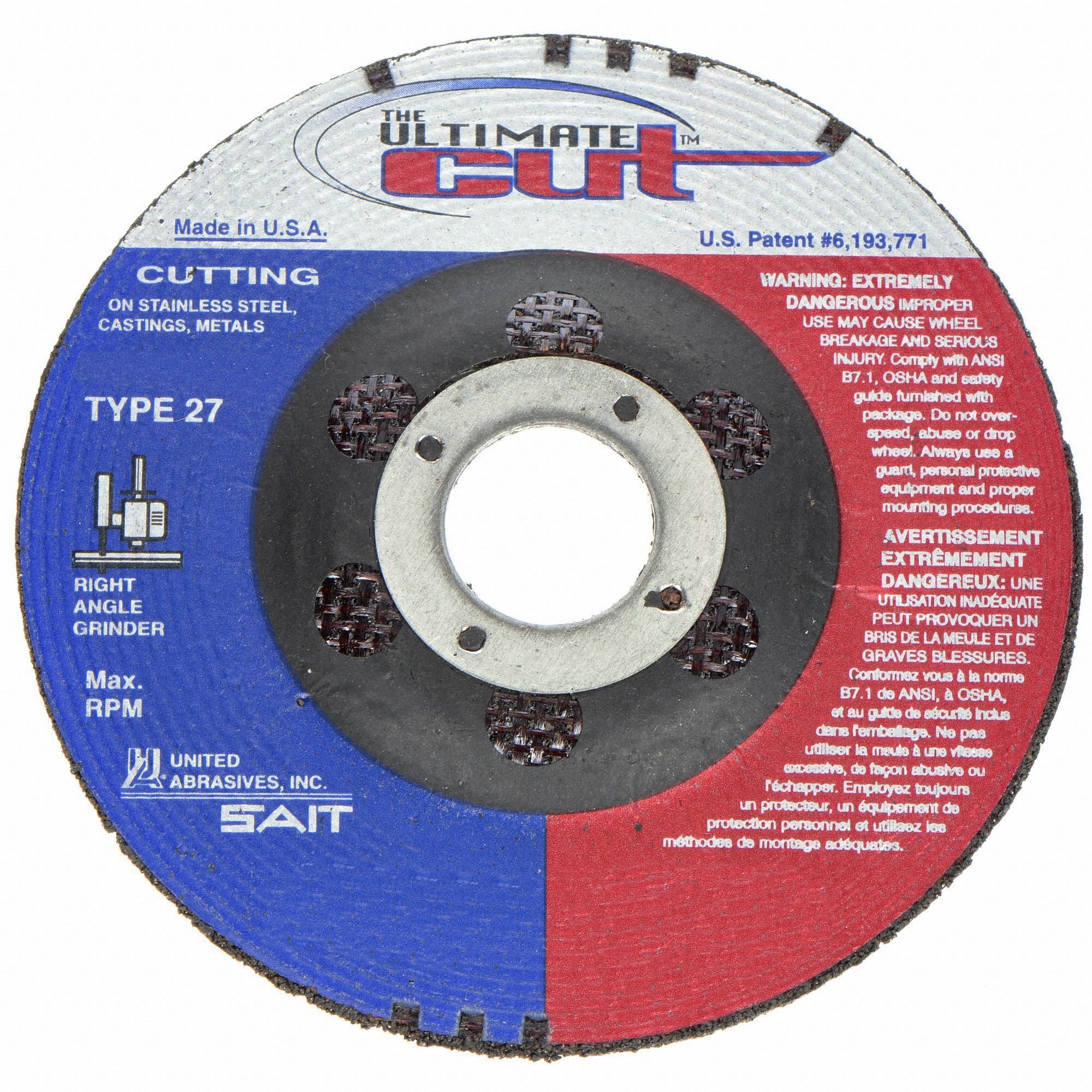 UNITED ABRASIVES-SAIT 22390 Depressed Centre Cut Off Wheel 7/8 CN Unthreaded Hole