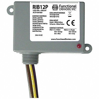 FUNCTIONAL DEVICES INC / RIB RIB12P Enclosed Relay 20A DPDT 12VAC/DC