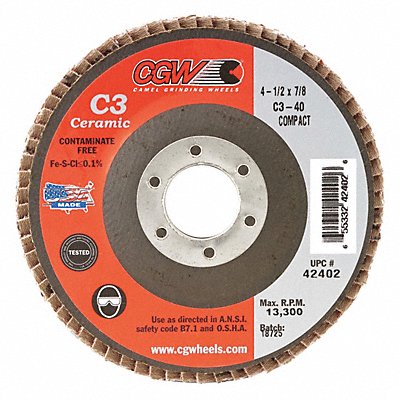 CGW ABRASIVES 42402 Flap Disc 4.5x7/8 C3 Cmpct Cer Reg 40G