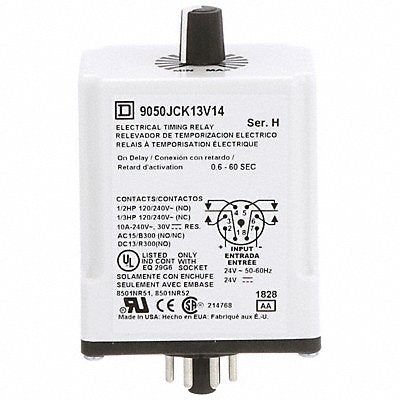 SCHNEIDER 9050JCK13V14 Single Function Time Delay Relay 24VAC/DC 8Pins