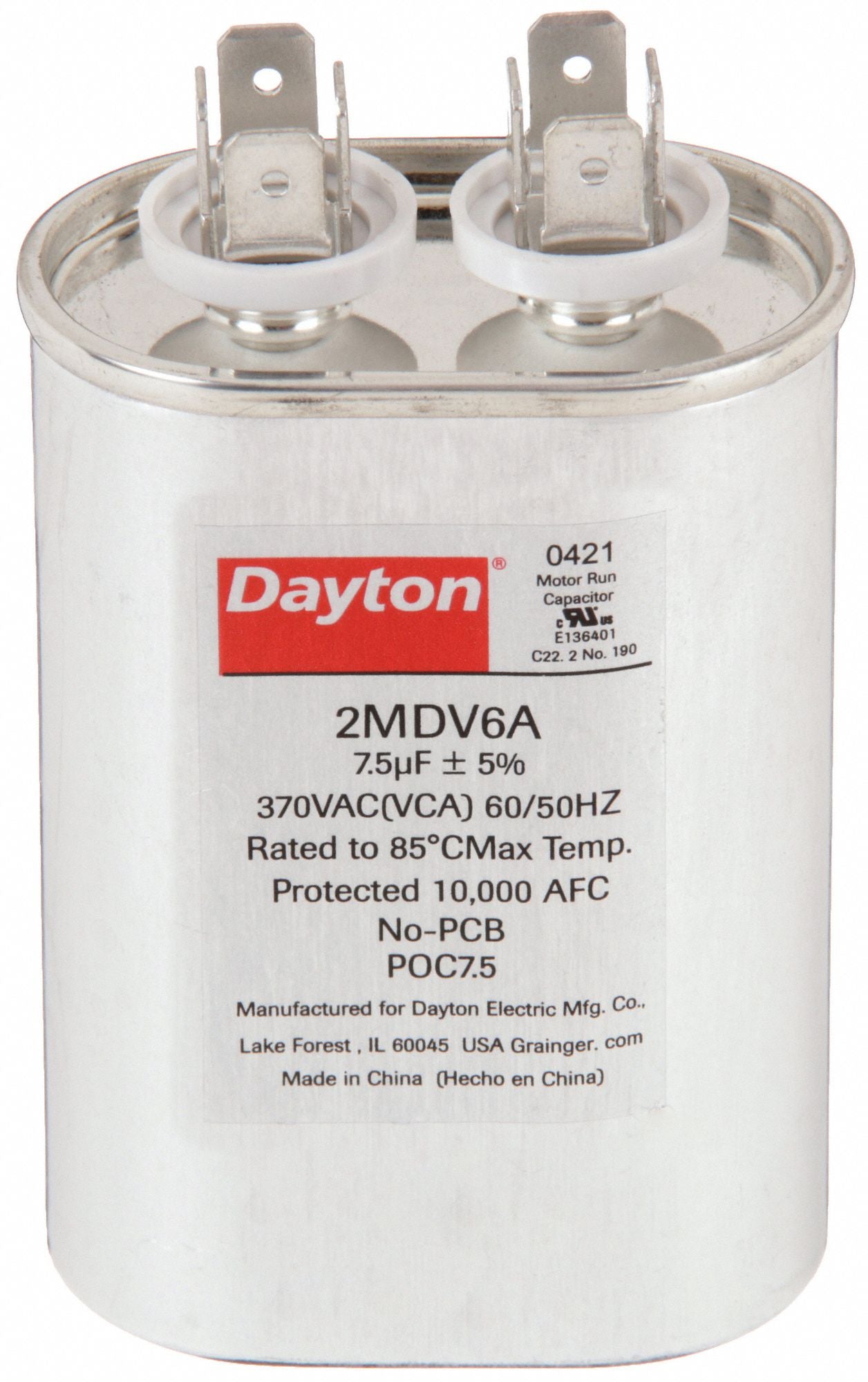 DAYTON 2MDV6 Motor Run Capacitor 7.5 MFD 2 13/16 H