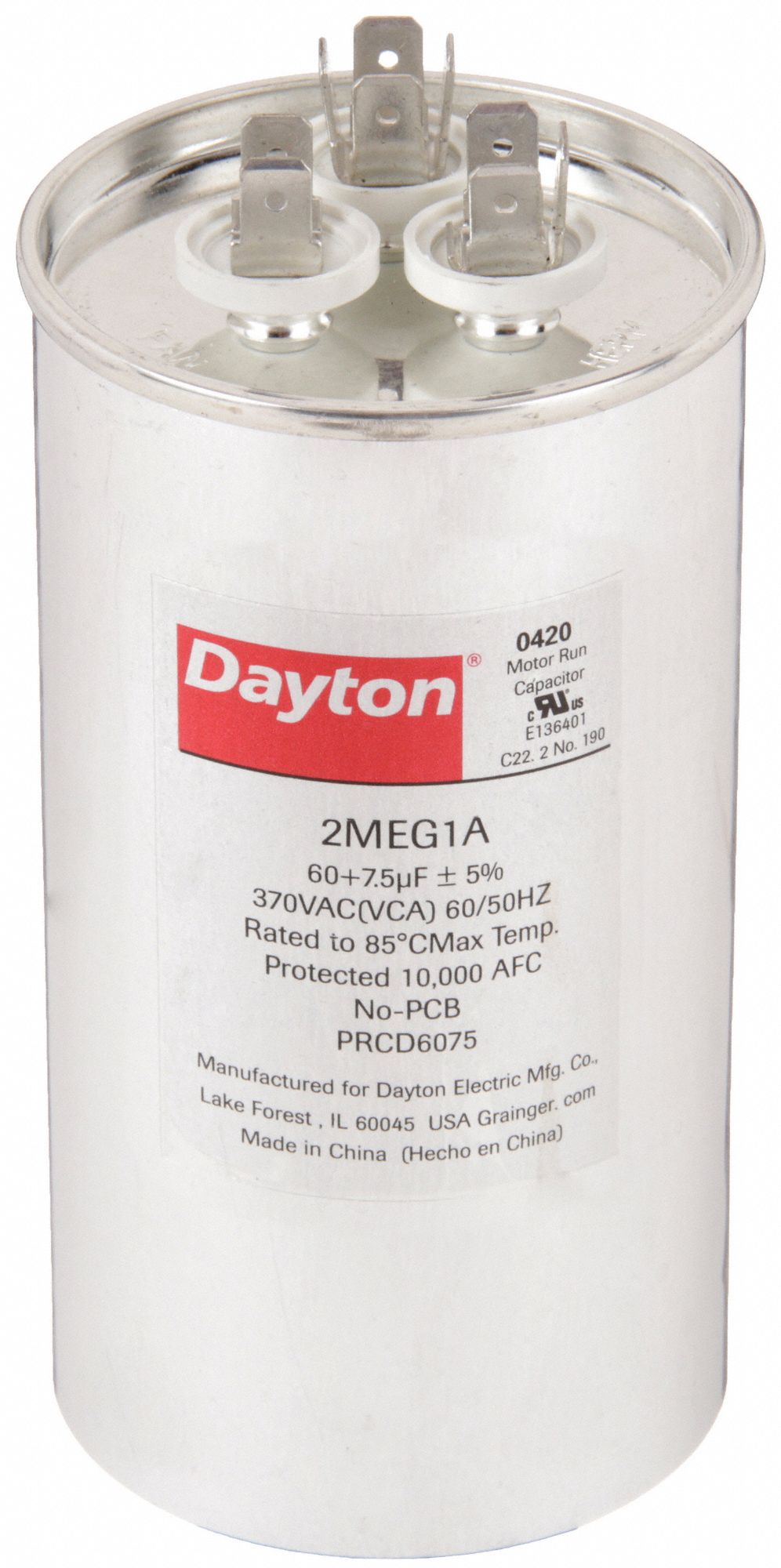 DAYTON 2MEG1 Dual Run Capacitor 60/7.5 MFD 5 1/4 H