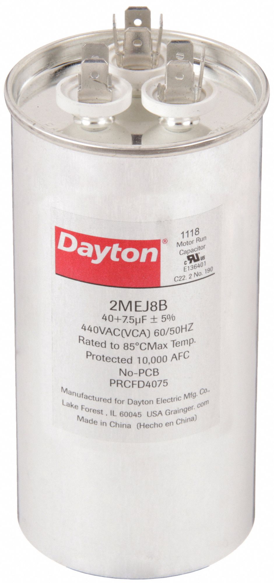 DAYTON 2MEJ8 Dual Run Capacitor 40/7.5 MFD 5 1/4 H