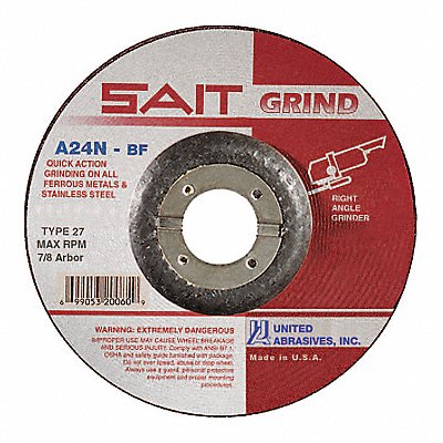 UNITED ABRASIVES-SAIT 20078 Depressed Grinding Wheel 7/8 CN Unthreaded Hole