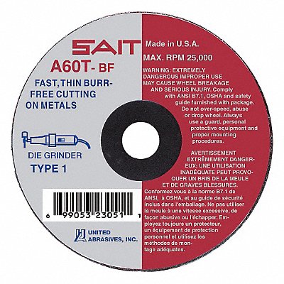 UNITED ABRASIVES-SAIT 23013 Abrasive Cut Off Wheel 1/4 Connect. A60T
