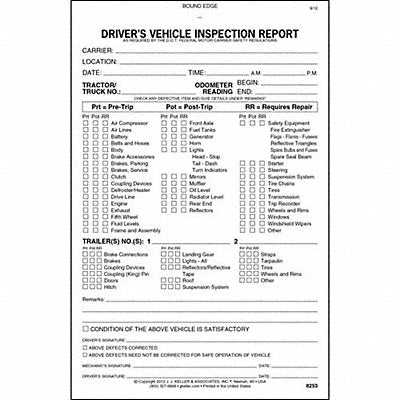 JJ KELLER 8253 Vehicle Inspection Form 2 Ply Carbonless