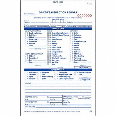JJ KELLER 1999 Vehicle Inspection Form 3 Ply Carbonless