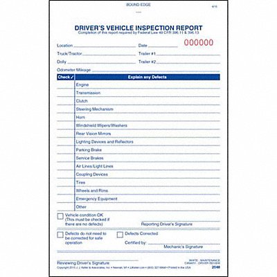 JJ KELLER 2048 Vehicle Inspection Form 2 Ply Carbonless