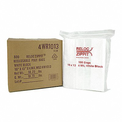 RELOC ZIPPIT 4WR1013 Reclosable Poly Bag Zip Seal PK500