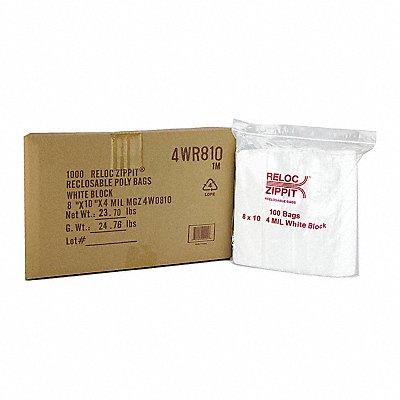 RELOC ZIPPIT 4WR810 Reclosable Poly Bag Zip Seal PK1000