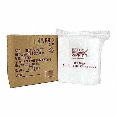 RELOC ZIPPIT 4WR912 Reclosable Poly Bag Zip Seal PK500