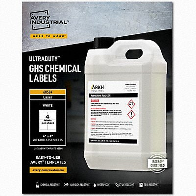 AVERY 7278260504 Chem Label 4 W x 4 H 200 Labels PK200