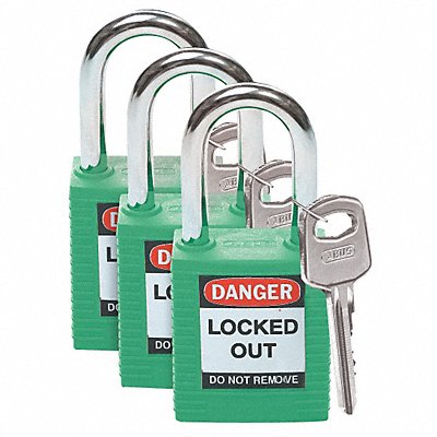 BRADY 105889 H1698 Lockout Padlock KA Green 1-3/4 H PK3