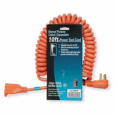 POWER FIRST 3AY48 Coiled Ext Cord 10ft 16Ga 13A SJT Orange