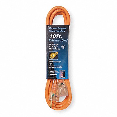 POWER FIRST 3EA97 Extension Cord 10ft 16Ga 13A SJTW Orange