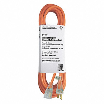 POWER FIRST 3EA98 Extension Cord 25ft 16Ga 13A SJTW Orange