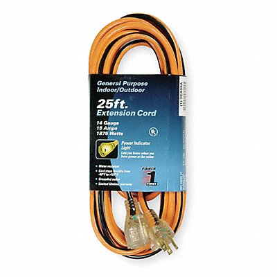 POWER FIRST 3EA99 Lighted Extension Cord 25ft 14Ga 15A SJTW Org/Blk