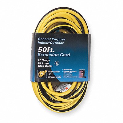 POWER FIRST 3EB10 Lighted Extension Cord 50ft 12Ga 15A SJTW Yel/Blk