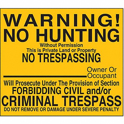 LYLE NT03612HA Rflctv Warn No Hunting Sign 12x12in Alum