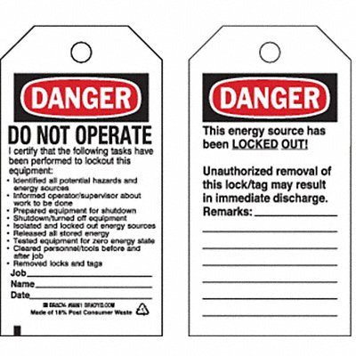 BRADY 66061 Danger Tag 5-3/4 x 3 In OSHA Met PK25