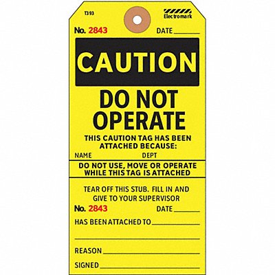 ELECTROMARK Y602697 Caut Tag 5-3/4 x 2-7/8 In Bk/Yel PK100