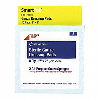 FIRST AID ONLY FAE5000 Gauze Dressing Pad White 2 L 2 W PK10
