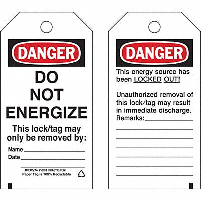 BRADY 50261 Lockout Tag 3 x 5-3/4In Cardstock PK25