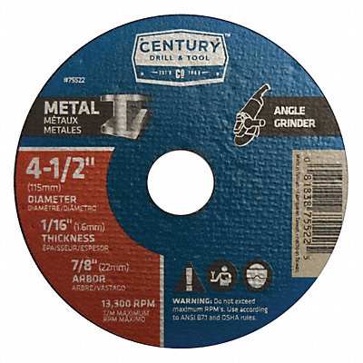 CENTURY DRILL AND TOOL 75522 Metal Cutting Wheel 4-1/2x1/16in Type 1A