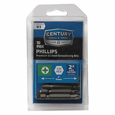 CENTURY DRILL AND TOOL 69003 Phillips Power Screwdriver Bit 3 10Pk