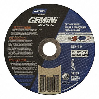 NORTON 66252841999 Abrasive Cut Off Wheel Type 41 6 dia.