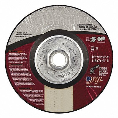 GRAINGER 5539502873 Depressed Grinding Wheel 5/8 -11CN ThreadHle