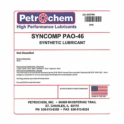 PETROCHEM SYNCOMPPAO46005 Compressor Oil 5 gal Pail 15 SAE Grade