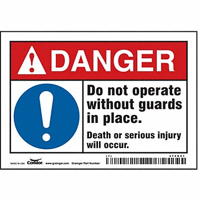 CONDOR 475G01 Safety Sign 3 1/2 inx5 in Vinyl