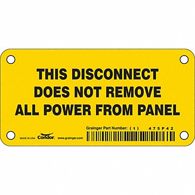 CONDOR 475P42 Safety Sign 2.25in x 4.5in Vinyl