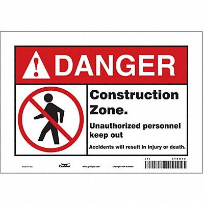 CONDOR 476K40 Safety Sign 7 in x 10 in Vinyl