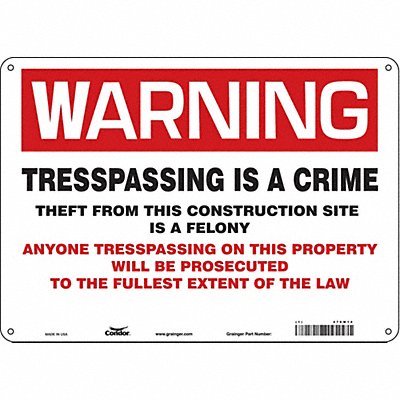 CONDOR 476M14 Safety Sign 10 in x 14 in Aluminum